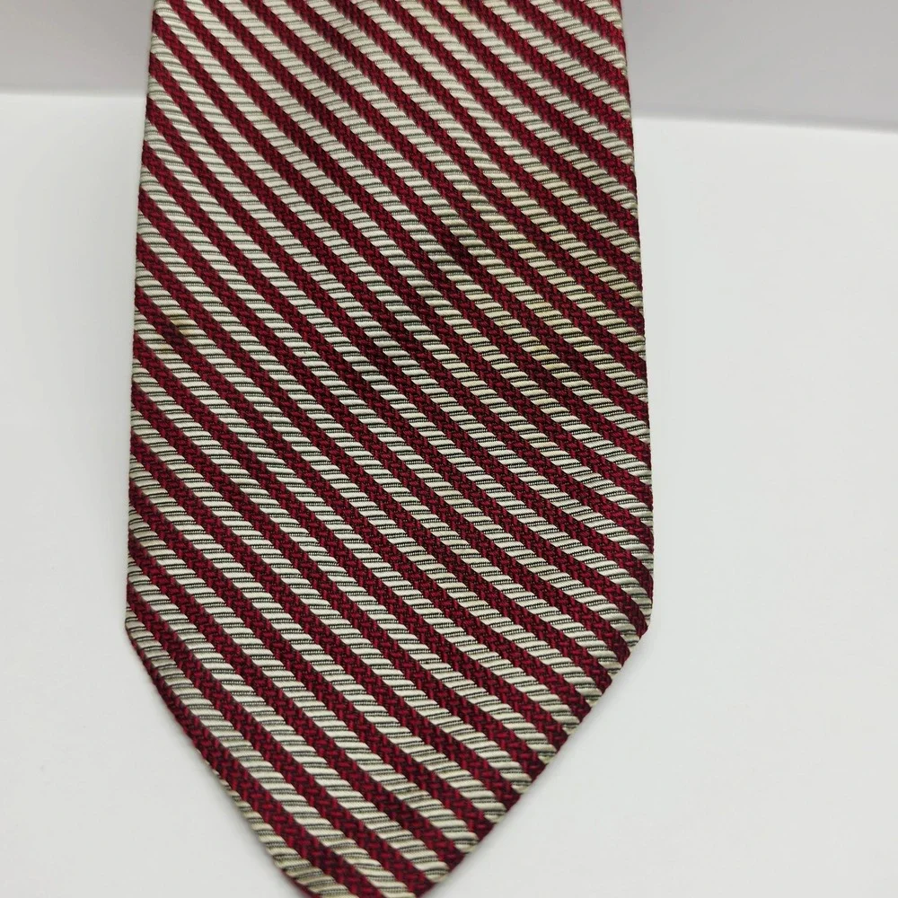 Christian Dior Silk Tie Mens OS Burgundy Silver Vintage Striped Necktie